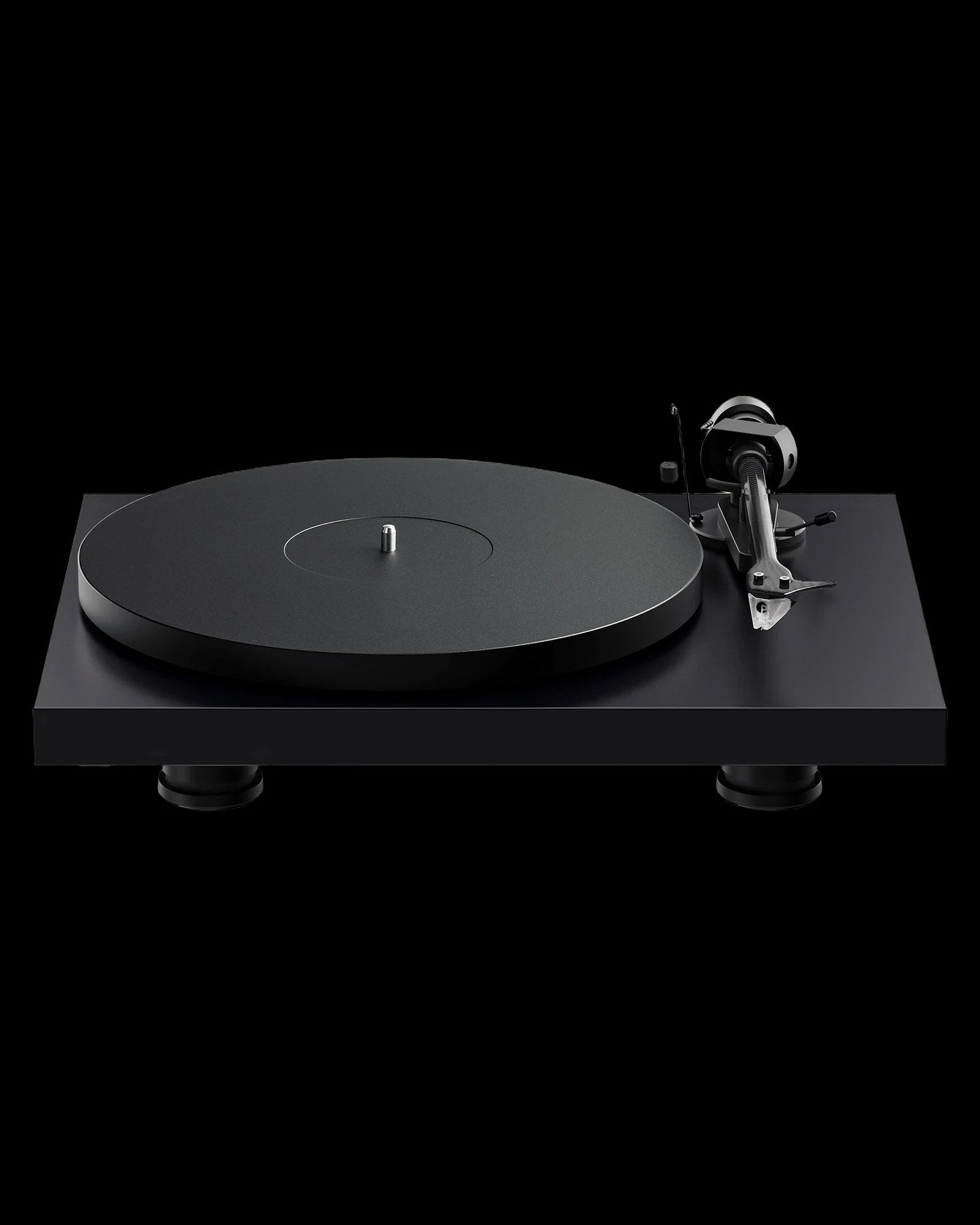Pro-Ject Debut EVO 2 turntable in satin black, three-quarter view.