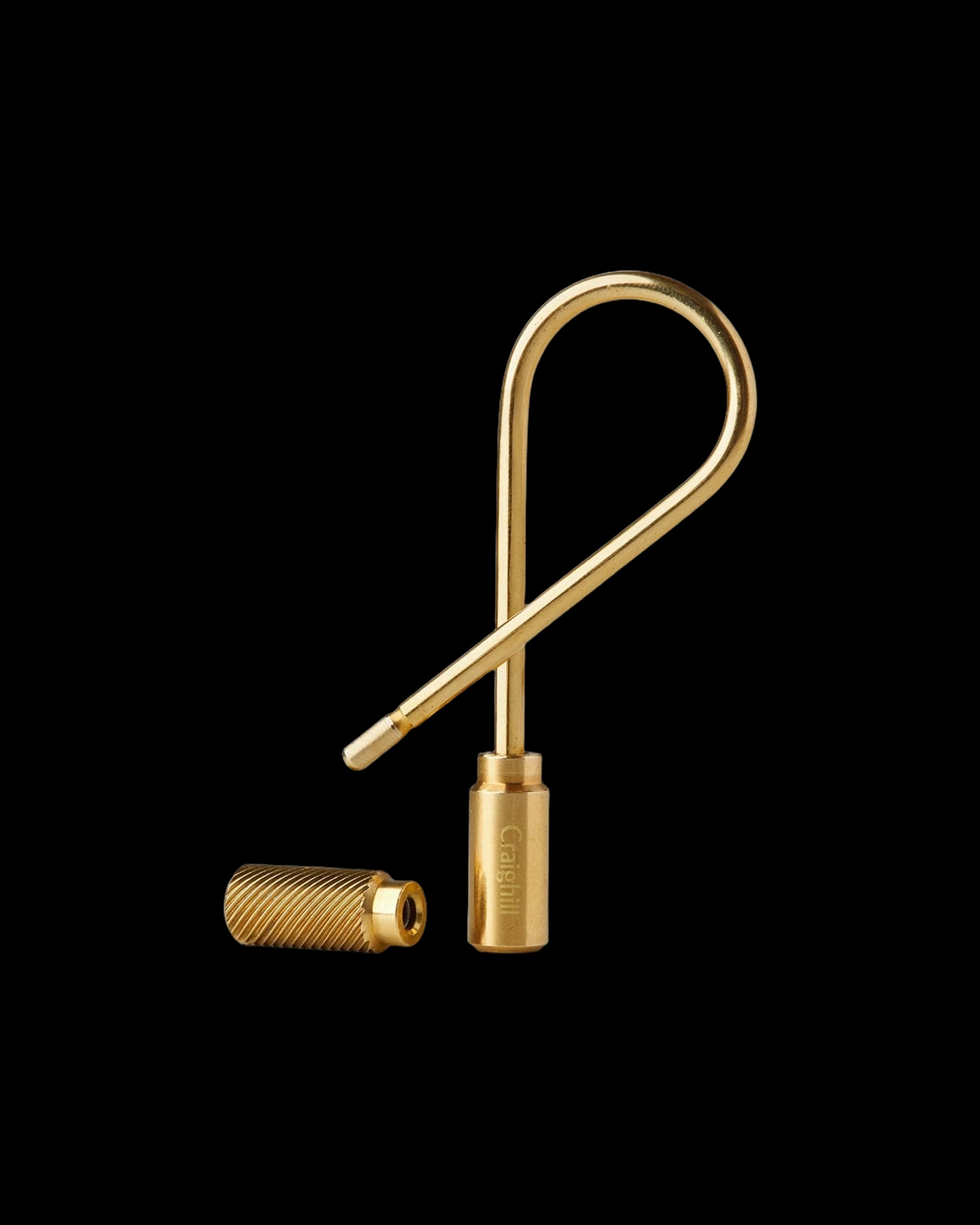 Craighill Closed Helix Keyring in brass, standing on its end.