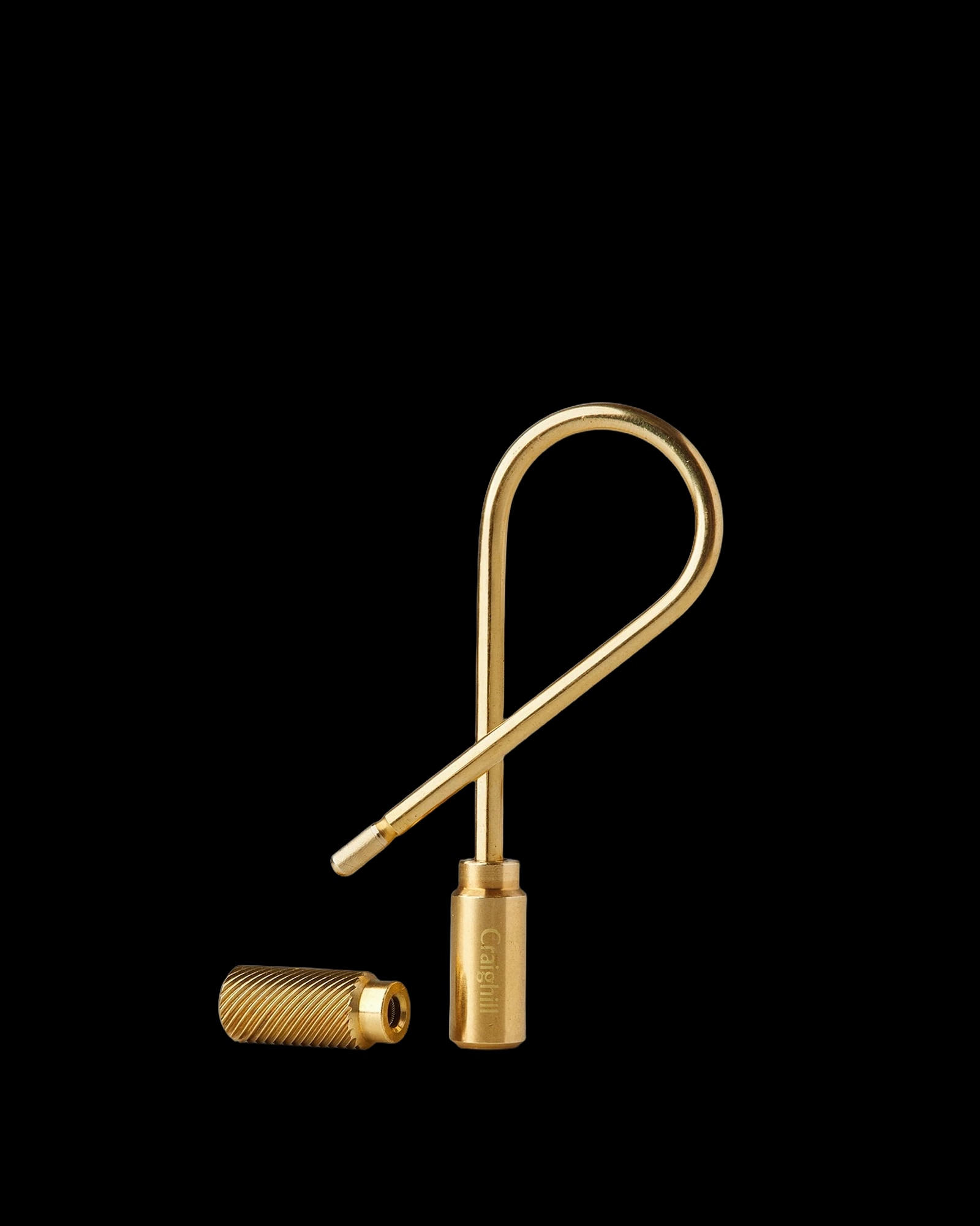 Craighill Closed Helix Keyring in brass, standing on its end.
