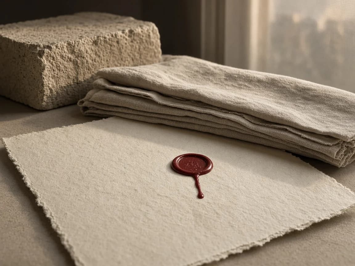 Cream paper with linen and stone.
